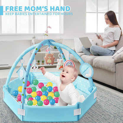 Baby Gym Play Mat, 8-in-1 Tummy Time Mat & Ball Pit with 6 Toys, Washable Baby Activity Mat for