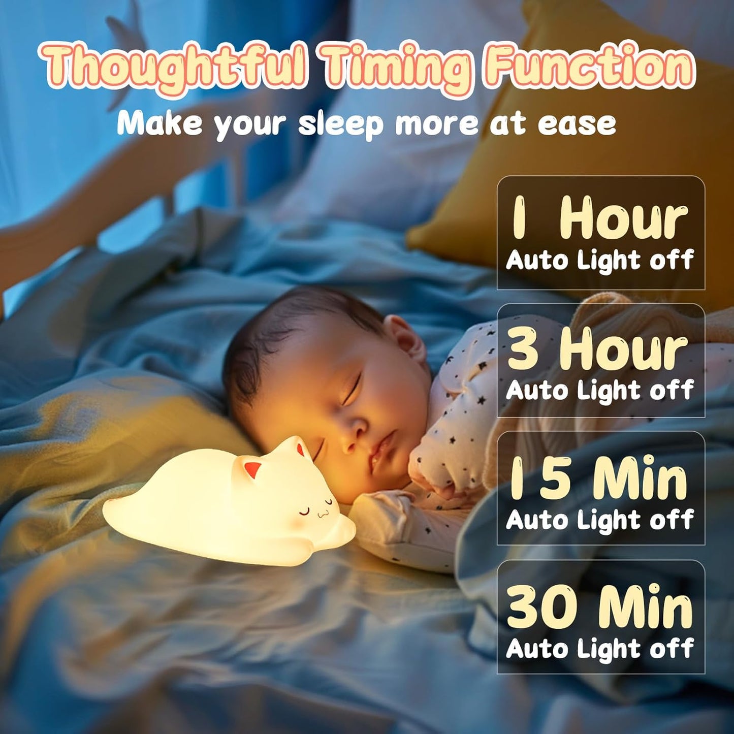 LOVERUIS Cute Night Light for Kids Cat Night-Light Baby Girl Squishy NightLight 1/3 Hour Timer
