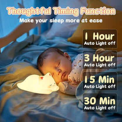 LOVERUIS Cute Night Light for Kids Cat Night-Light Baby Girl Squishy NightLight 1/3 Hour Timer