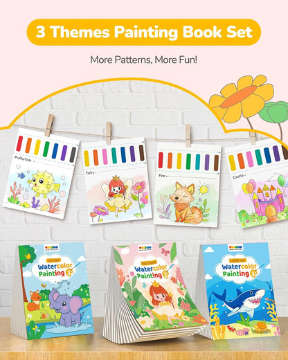 TECJOE 3 Pack Paint with Water Coloring Books for Toddlers, Watercolor Paint Set with 6 Brushes