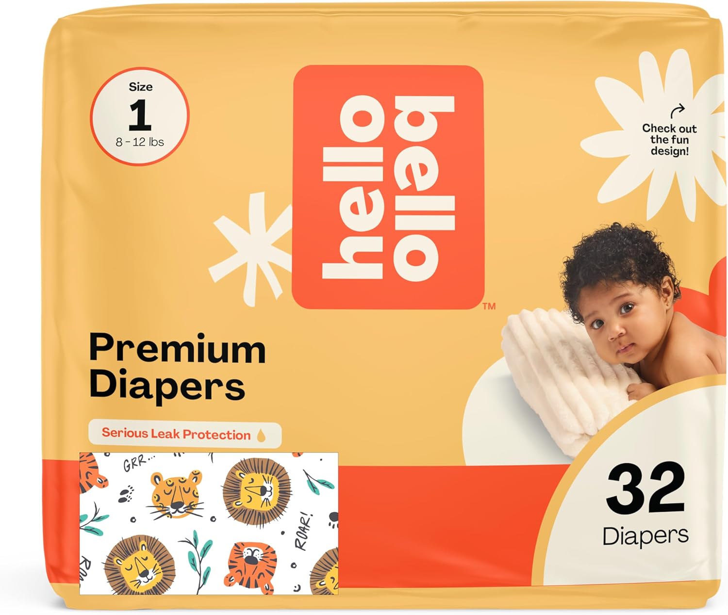 Hello Bello Diapers, Size 1 (8-12 lbs) Wild Cats, 32 Count of Premium Disposable Baby Diapers