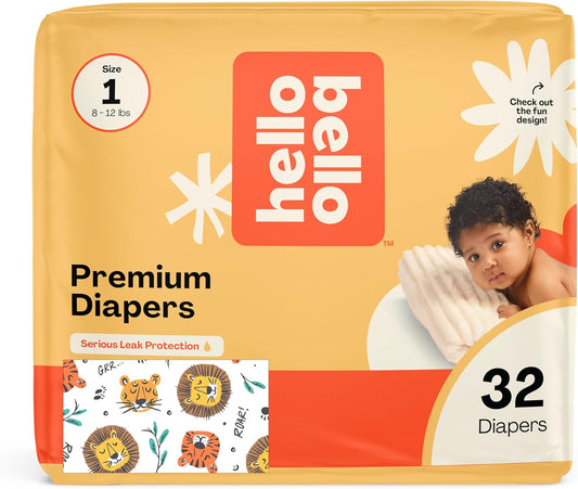 Hello Bello Diapers, Size 1 (8-12 lbs) Wild Cats, 32 Count of Premium Disposable Baby Diapers