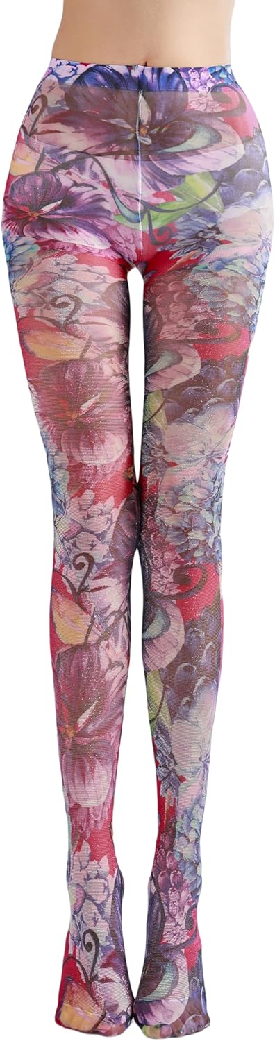 Sahabowi Women's Sheer Fashion Digital Print Fashions Stockings Metallic Silver Tights 1