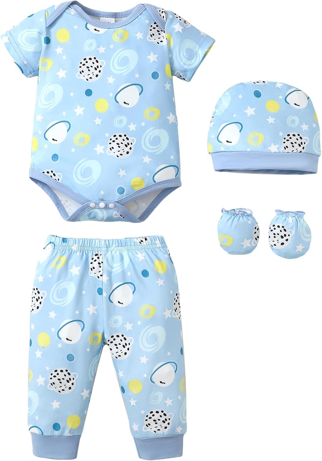 NZRVAWS Newborn Baby Boy Girl Clothes Unisex Infant Romper Pants Set Hat 4-Pack Outfits 0-12 Months