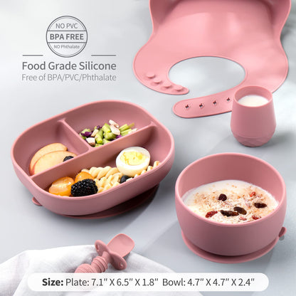 SAMiGO Silicone Baby Feeding Set, Baby Led Weaning Supplies, Suction Bowl Plate Bib Cup Self