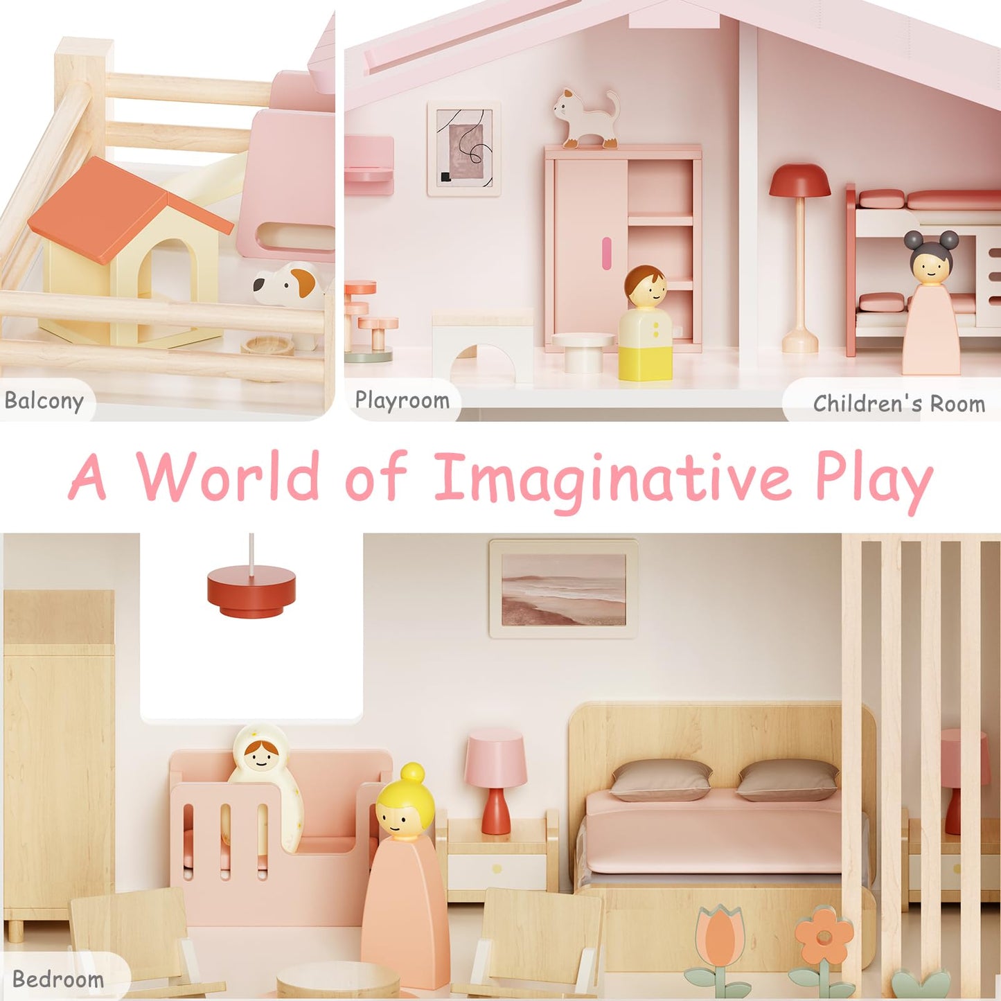 Wooden Doll House, Toddlers Dollhouse for Kids 3+ Year, 8 Rooms Play House