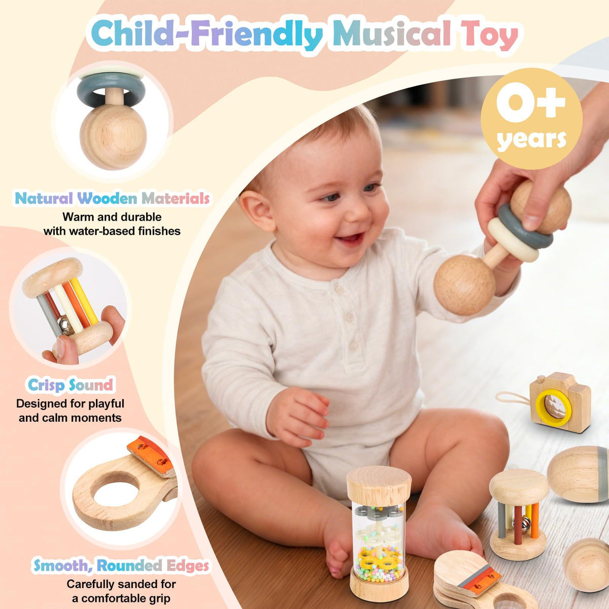 Montessori Wooden Baby Toys 0-12 Months, 7-Piece Sensory Rattle & Music Set