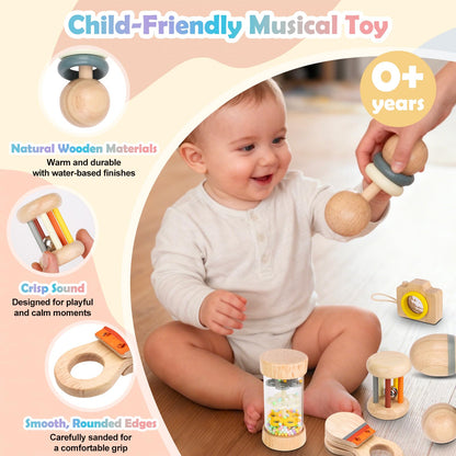 Montessori Wooden Baby Toys 0-12 Months, 7-Piece Sensory Rattle & Music Set