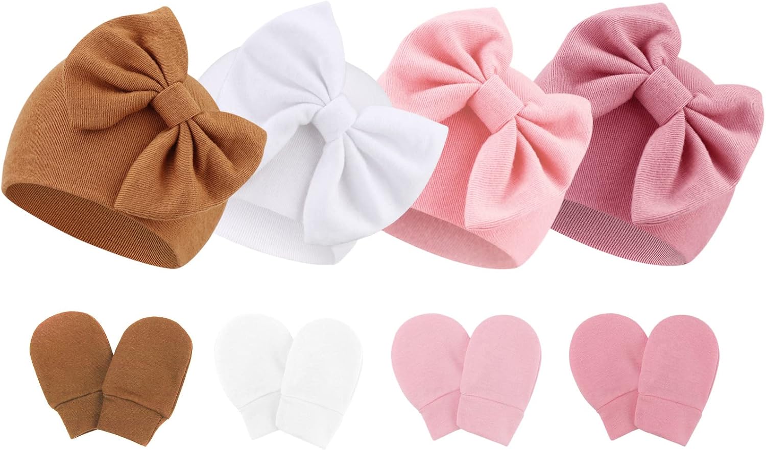 BQUBO Newborn Baby Hats Mittens Set Hospital Hat Beanie Infant Bow Hats Baby Gloves No Scratch