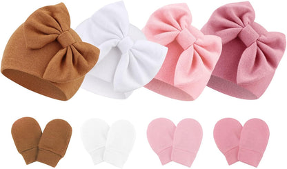 BQUBO Newborn Baby Hats Mittens Set Hospital Hat Beanie Infant Bow Hats Baby Gloves No Scratch