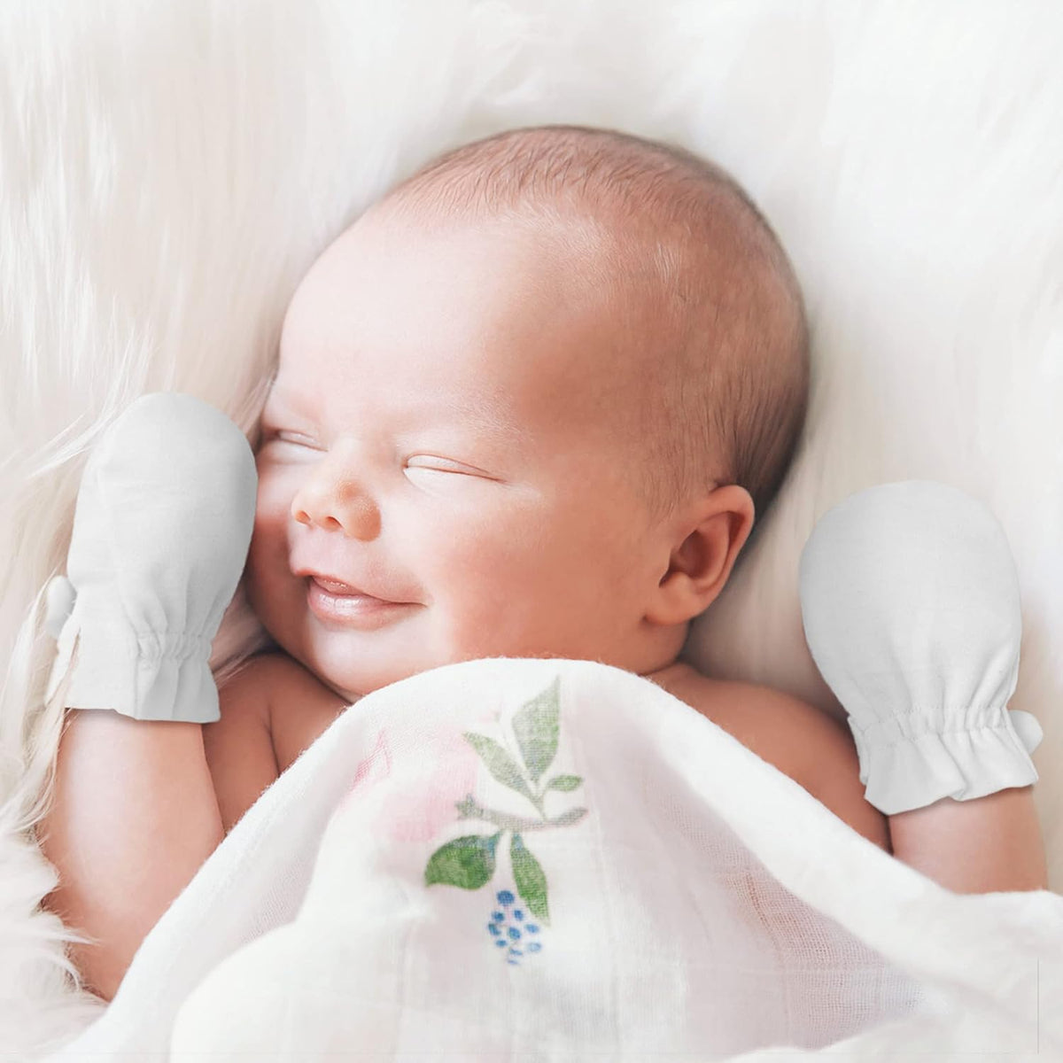 Newborn Baby No Scratch Mittens Stay On, 100% Cotton Breathable, Adjustable Infant Gloves for Baby