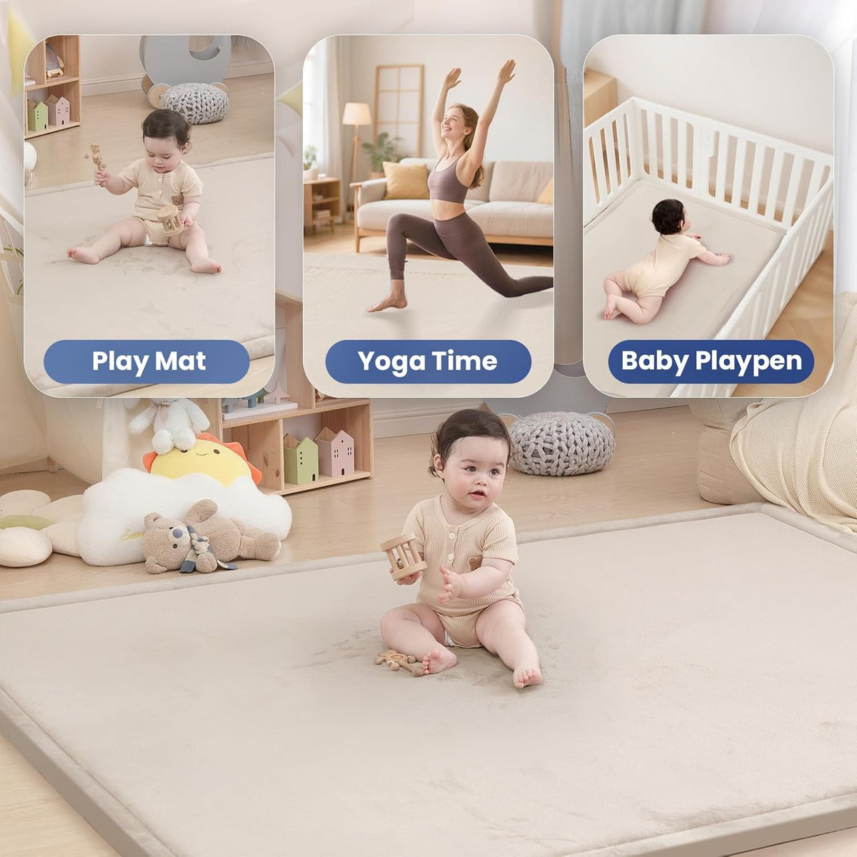 Baby Play Mat for Floor,1.3" Thick Memory foam Tummy Time Mat,Soft Coral Velvet Nursery Rug,Extra