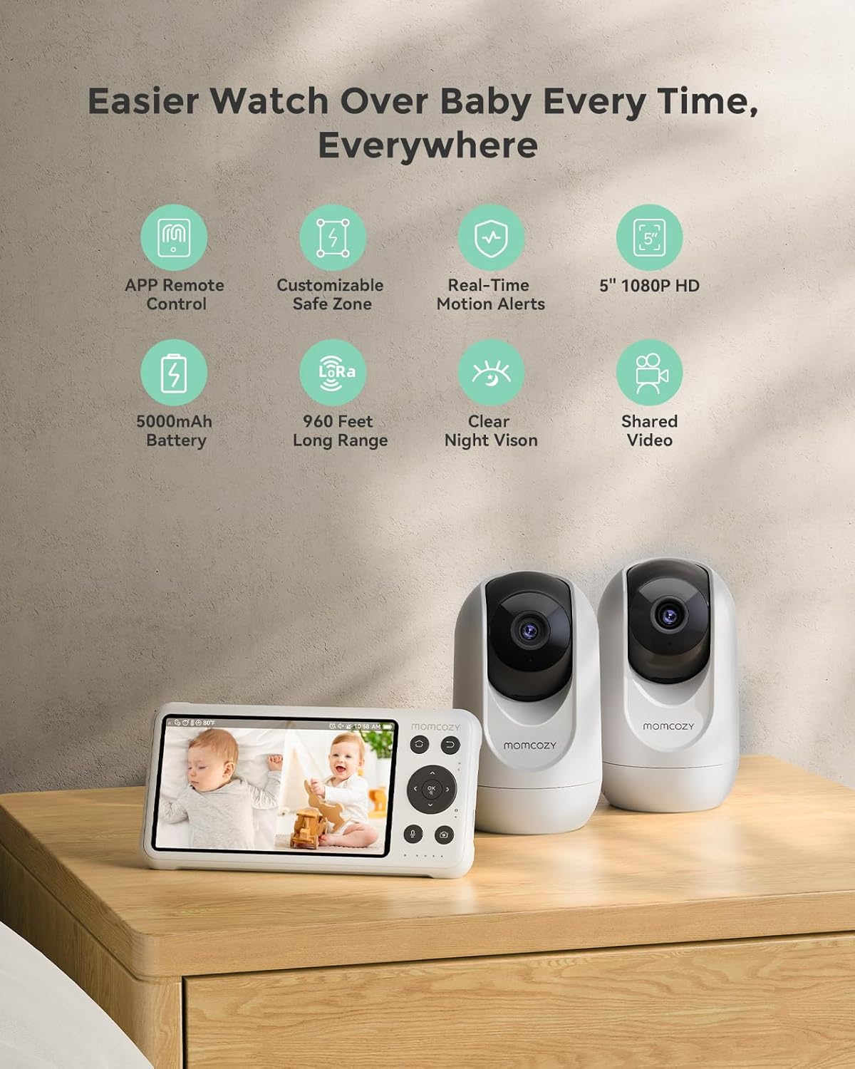Momcozy BM04 Smart WiFi Baby Monitor with 2 Cameras, 5’’ 1080P Split Screen Video Baby Monitor with