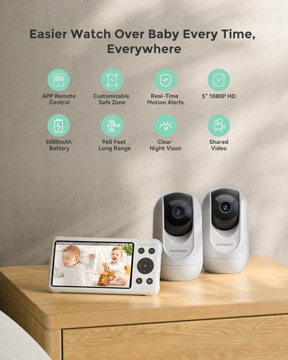 Momcozy BM04 Smart WiFi Baby Monitor with 2 Cameras, 5’’ 1080P Split Screen Video Baby Monitor with