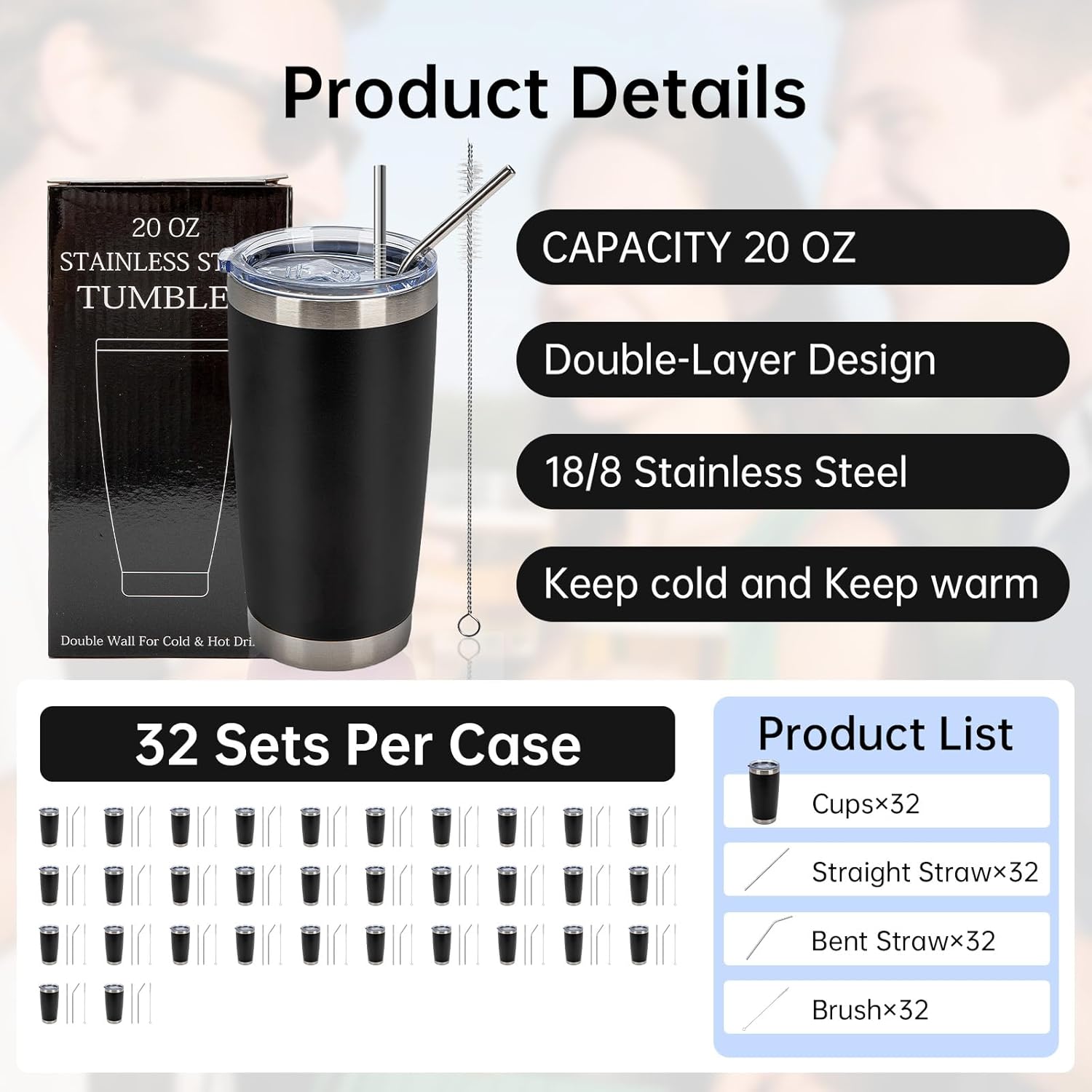 IEOVIEE 32 Pack 20oz Stainless Steel Bulk Tumblers with Lids and Straws Double Wall Insulated