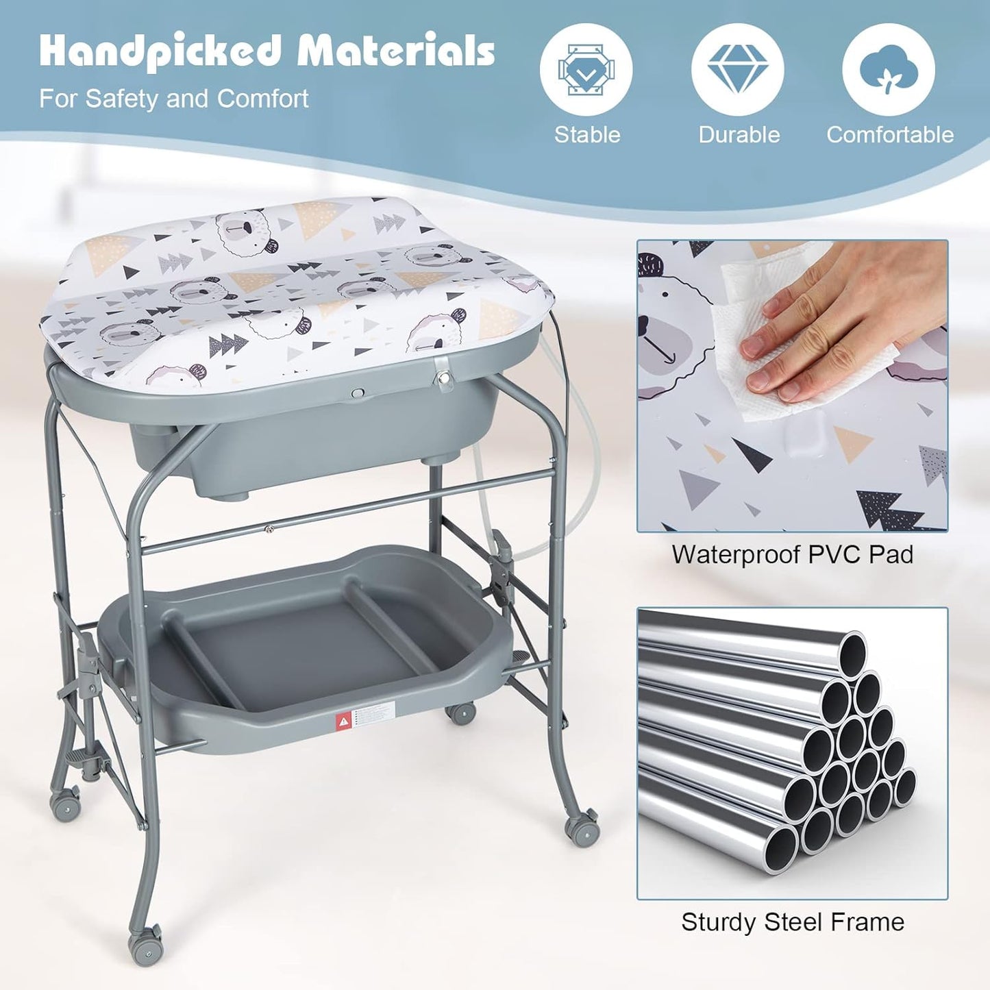 HONEY JOY Baby Changing Table with Bathtub, Foldable Infant Diaper Changing Station with Wheels