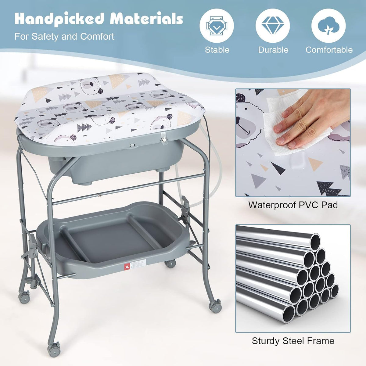 HONEY JOY Baby Changing Table with Bathtub, Foldable Infant Diaper Changing Station with Wheels