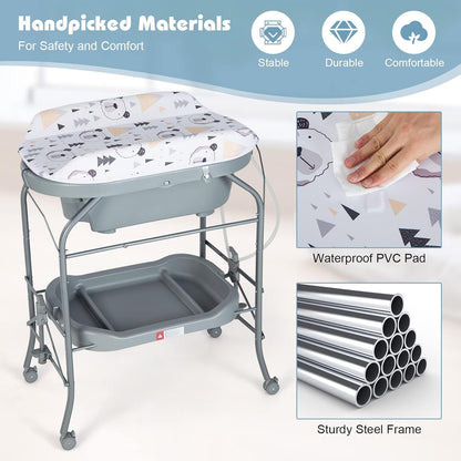HONEY JOY Baby Changing Table with Bathtub, Foldable Infant Diaper Changing Station with Wheels