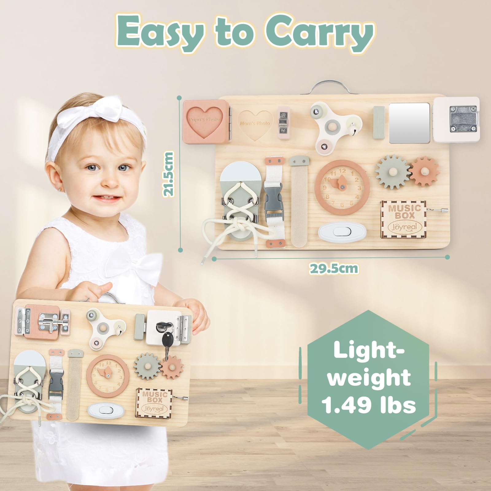 Joyreal Wooden Busy Board for Toddlers, Montessori Toys for 1 2 3 Year Old, Sensory Activity Board