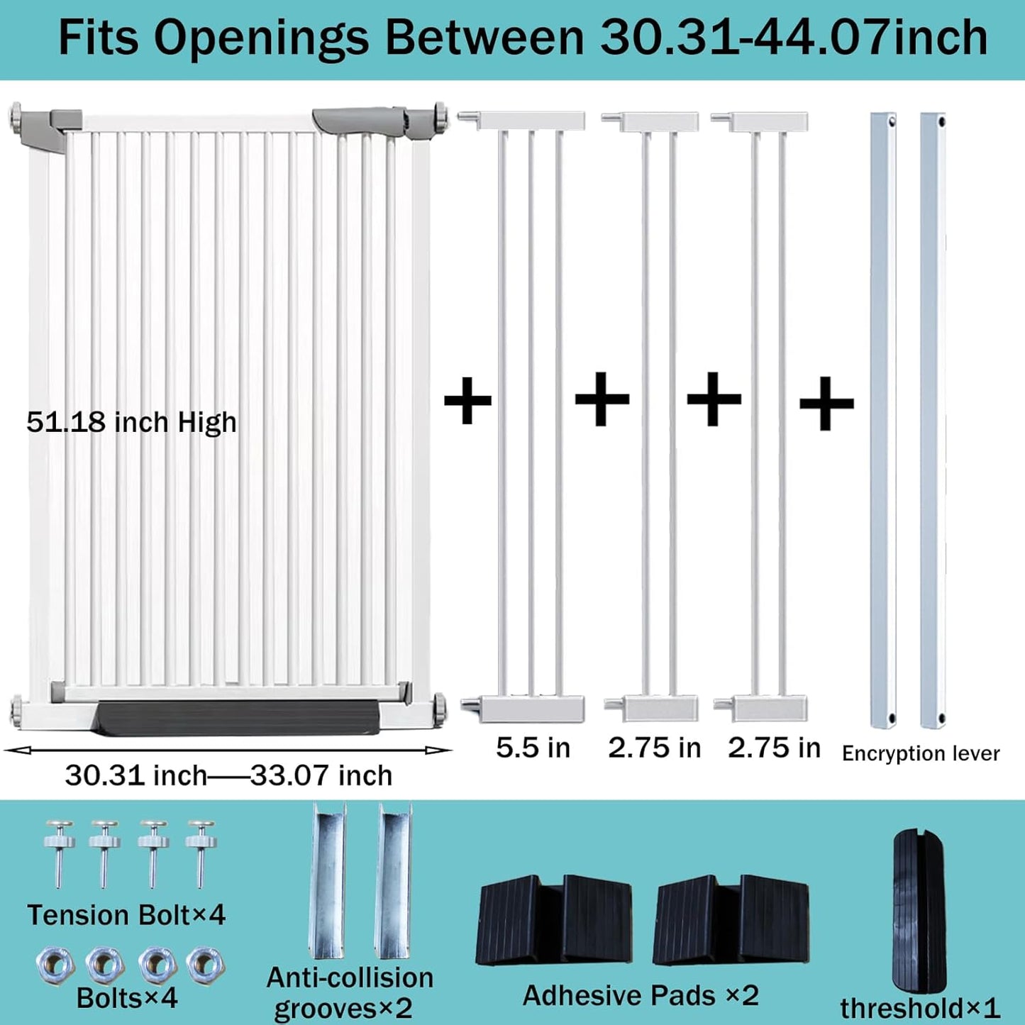 51 Inch Extra Tall Baby Gate Auto Close Cat Gate Adjustable 29.92"-43" Wide Pressure Mounted Pet