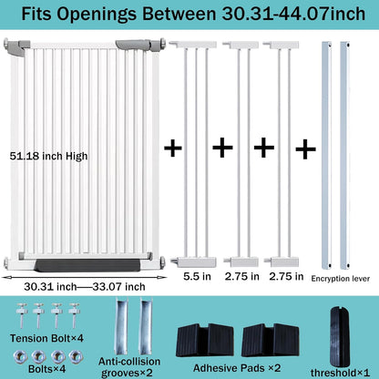 51 Inch Extra Tall Baby Gate Auto Close Cat Gate Adjustable 29.92"-43" Wide Pressure Mounted Pet