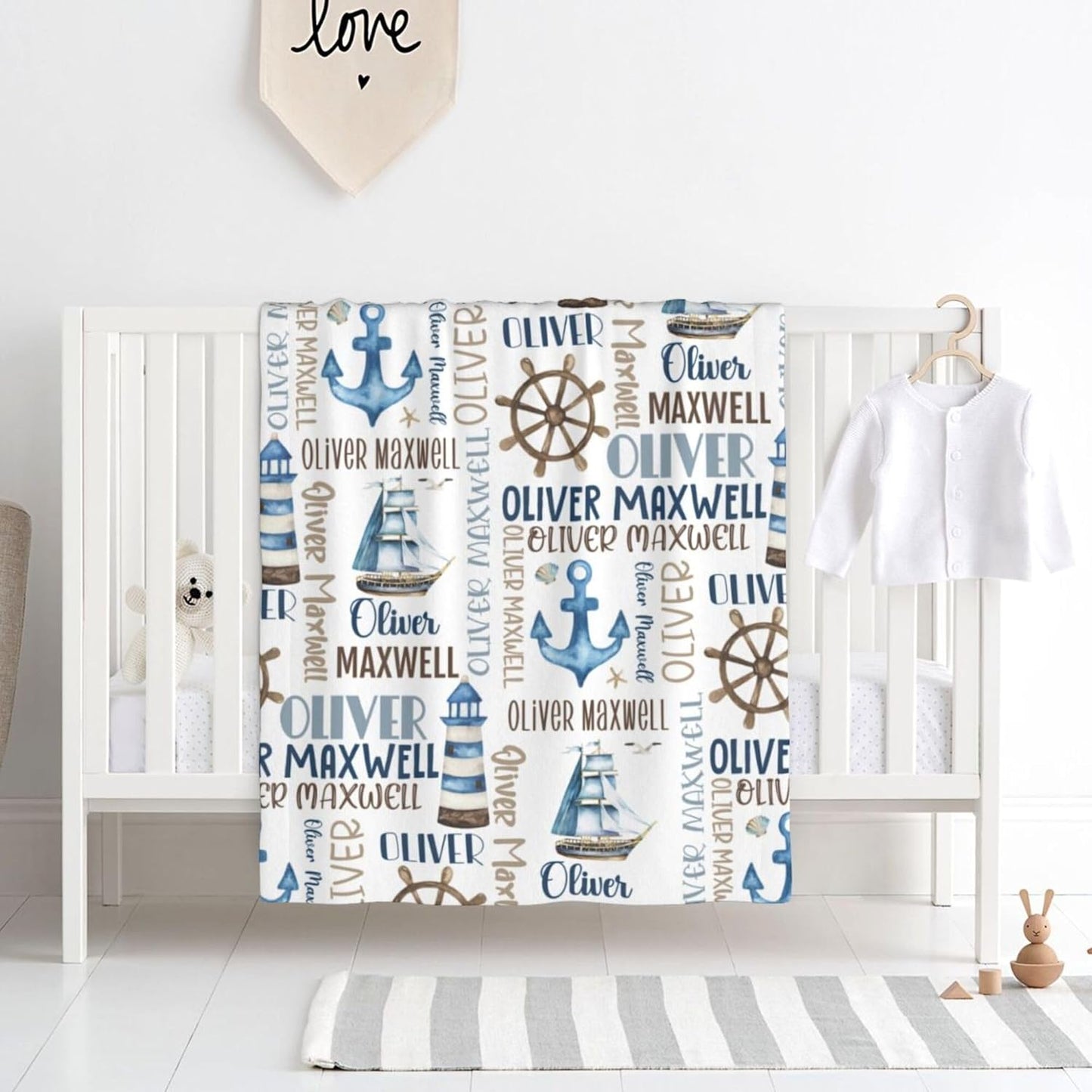 Personalized Baby Blanket for Boys, Custom Baby Blanket with Name, Nautical Blanket Sailboat Anchor