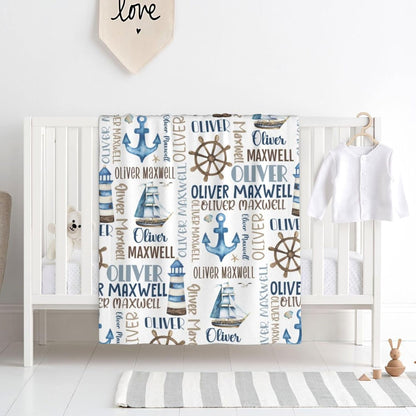 Personalized Baby Blanket for Boys, Custom Baby Blanket with Name, Nautical Blanket Sailboat Anchor