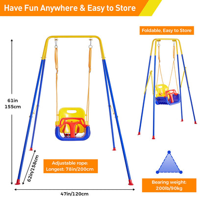 FUNLIO Toddler Swing with Foldable Metal Stand for Toddlers Aged 1~10 Years, 3-in-1 Baby Swing Set
