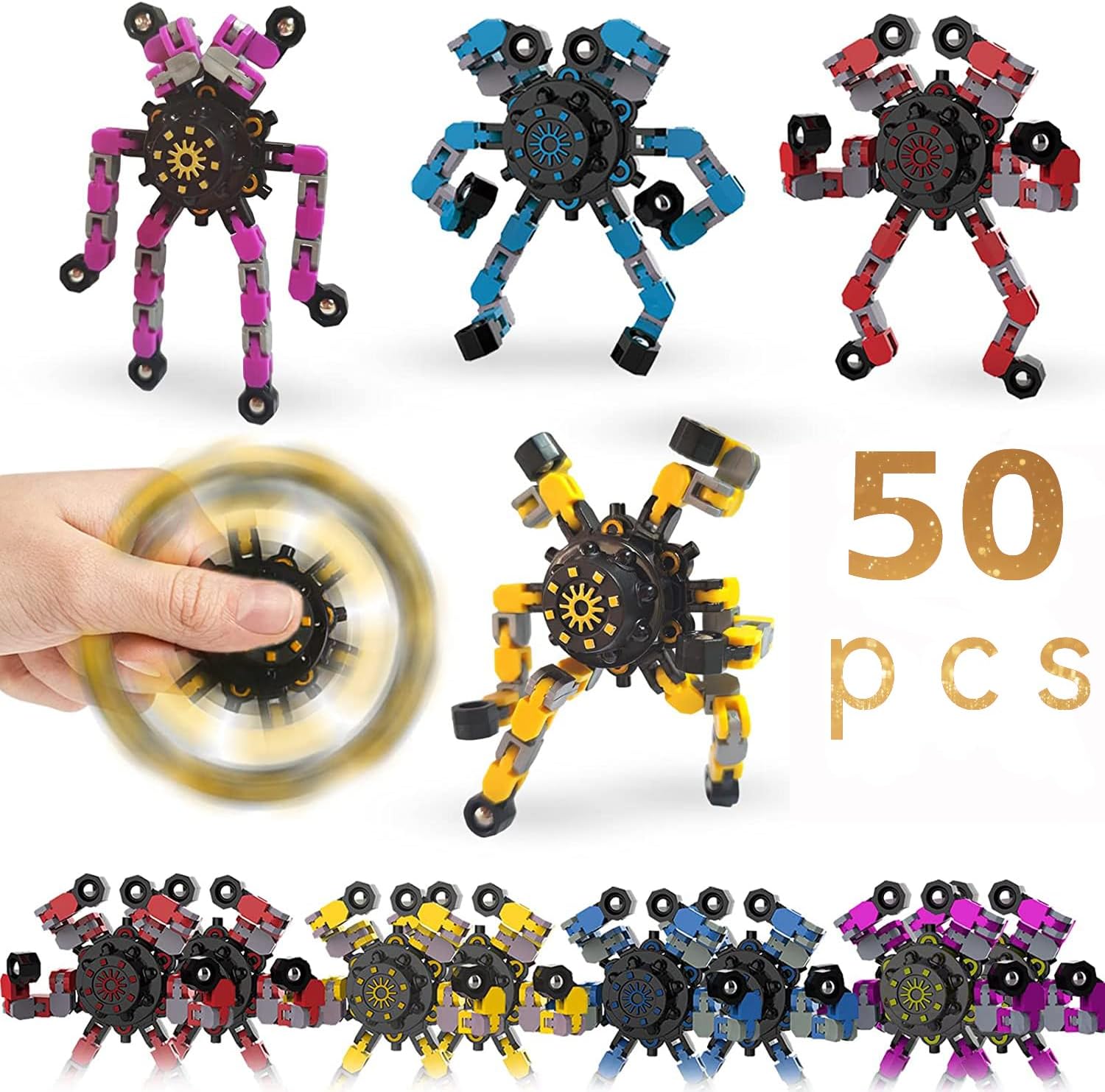 50pcs Random Fidget Spinners,DIY Deformable Robot Fingertip Toys,Decompression Spinner,Deformable