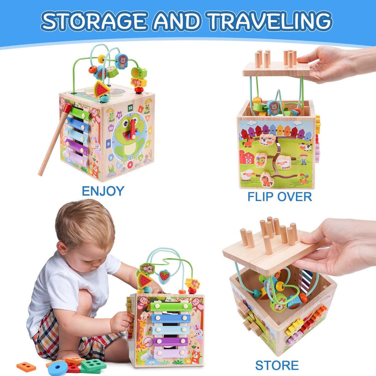 Wooden Activity Cube | Montessori Toys for 1 2 3 Year Old Toddler Gifts