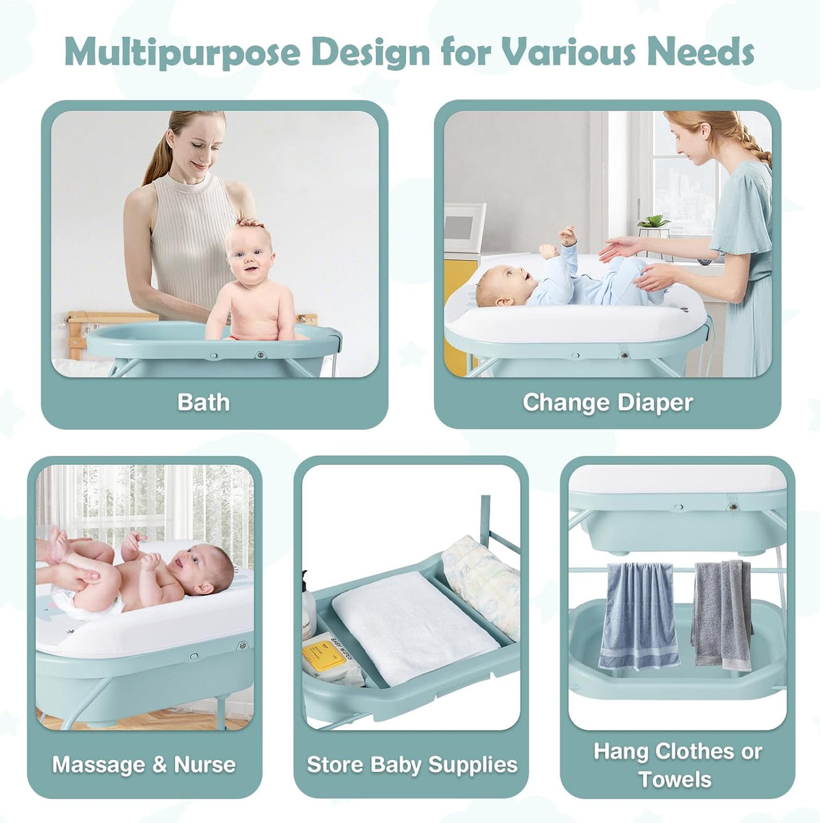 HONEY JOY Baby Changing Table with Bathtub, Foldable Infant Diaper Changing Station with Wheels