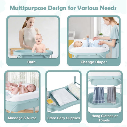 HONEY JOY Baby Changing Table with Bathtub, Foldable Infant Diaper Changing Station with Wheels
