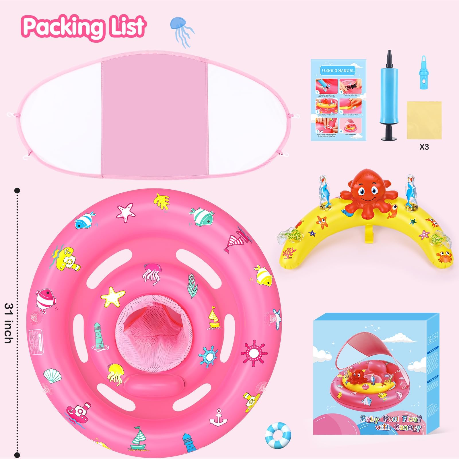 Baby Pool Float with Canopy Infant Toddler Float for 6-36 Months Boys Girls