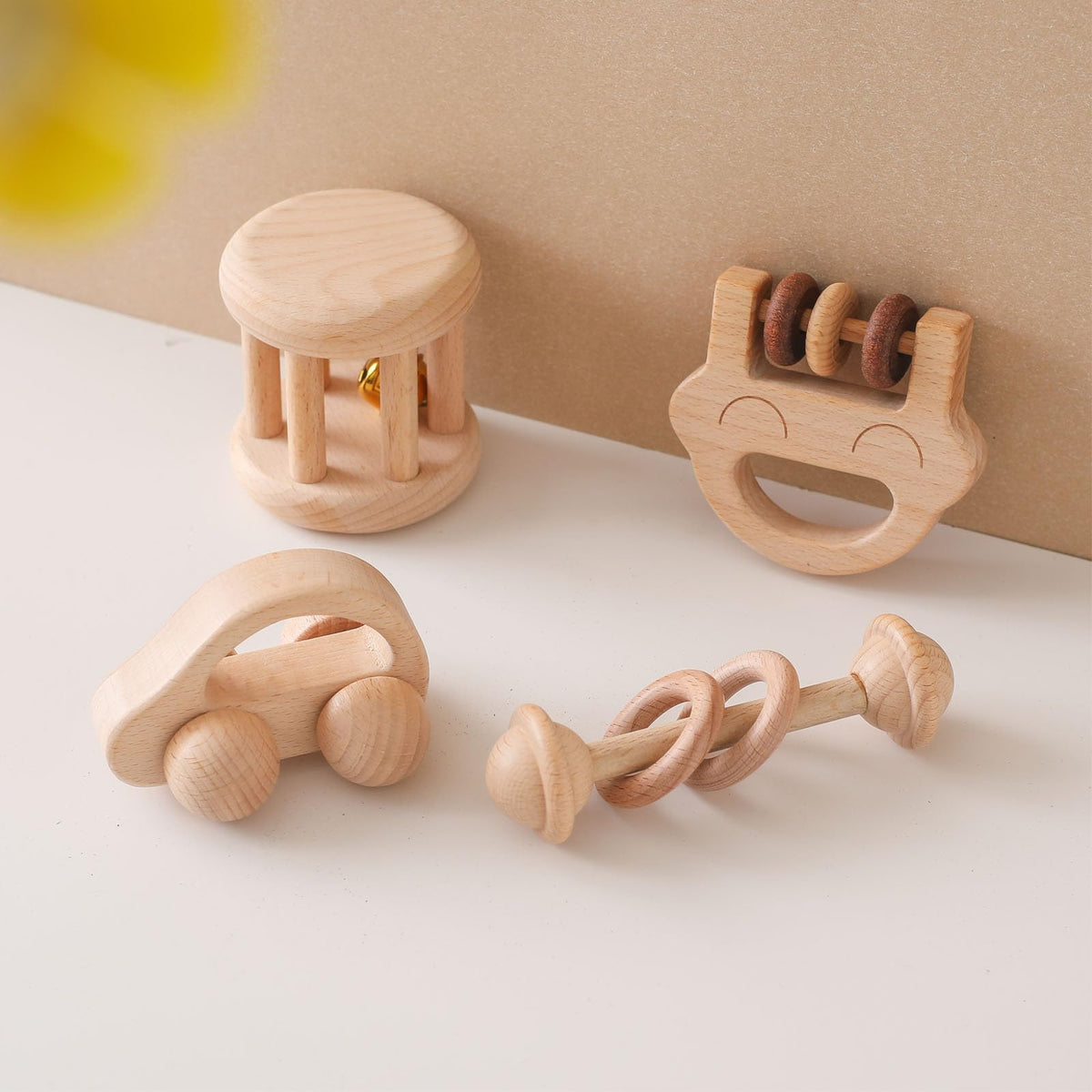 Chriswell Wooden Baby Rattle Set, Newborn Wooden Rattle Toy, Natural Wooden Montessori Baby Grip