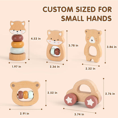 FReniland Wooden Montessori Toys, 5-Piece Wooden Baby Toys, Bear Baby Rattle, Fox Stacking Ring