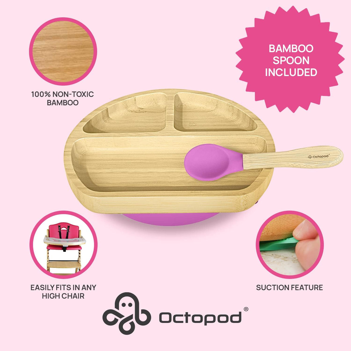 Abiie Octopod Bamboo Dish - Kids Plates for 4 months and up, 3-Compartment Baby Plates with
