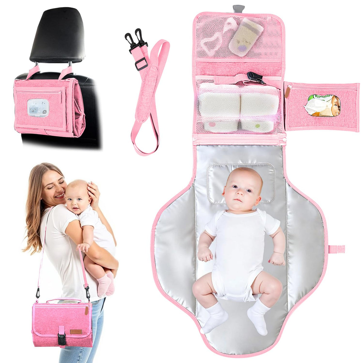 Portable Diaper Changing Pad - Baby Diaper Changer Travel Bag with Wipes Pocket, Smart Design