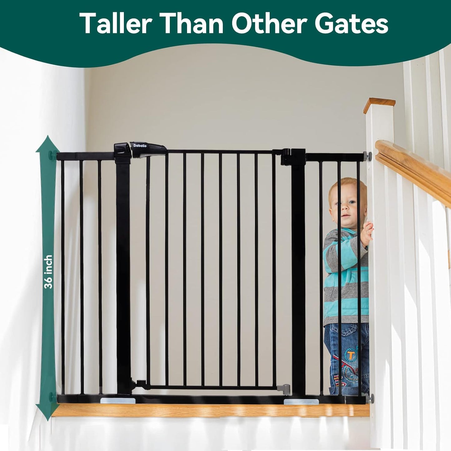 BABELIO 36" Tall Baby Gate, 29-48" Auto-Close & Pressure Mounted, Black Steel Dog Gate for Stairs &