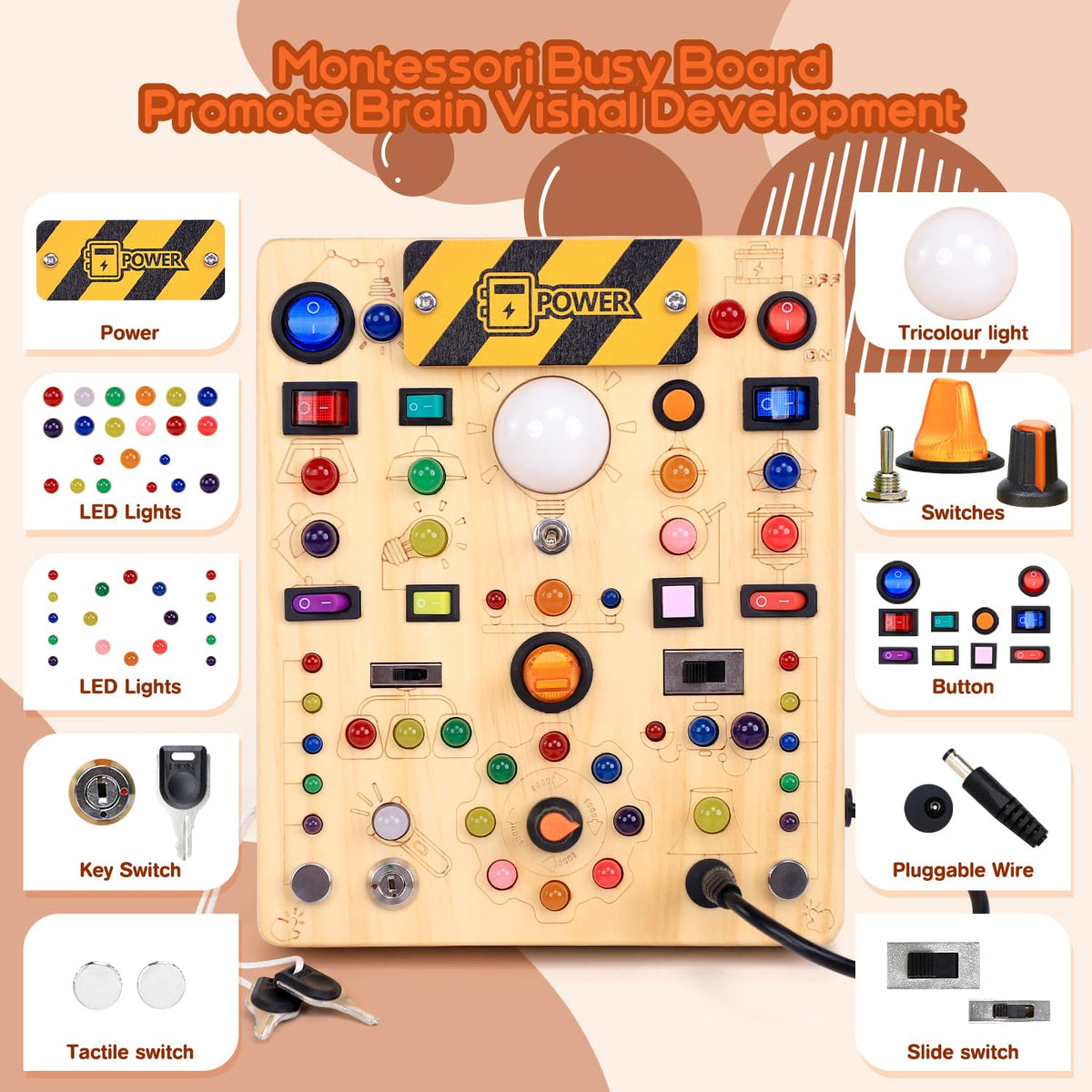 Busy Board with 19 LED Light Switches, Montessori Toys for 1 2 3 Years Old, Wooden Sensory Board