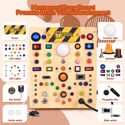 Busy Board with 19 LED Light Switches, Montessori Toys for 1 2 3 Years Old, Wooden Sensory Board