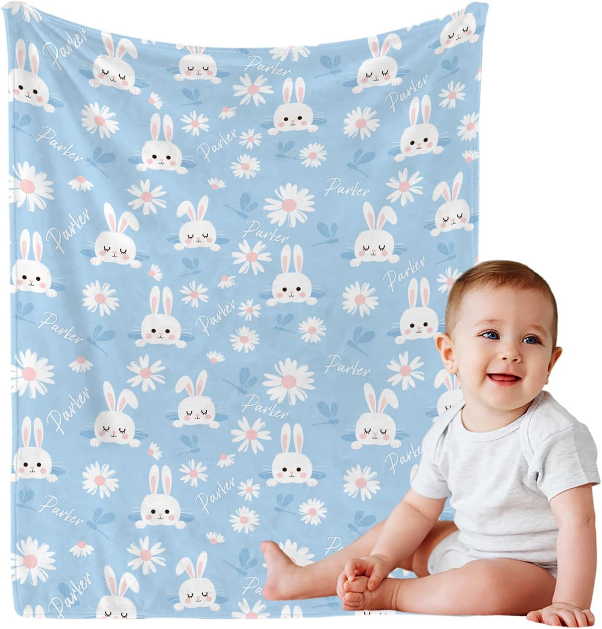 Personalized Baby Blanket with Name, Custom Floral Name Cute Rabbit Blanket Toddler Girls Soft