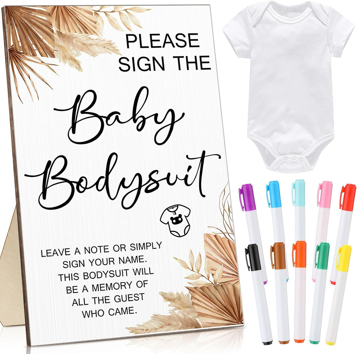 Qunclay 12 Pcs Baby Bodysuit Baby Shower Game Include 1 Game Wooden Sign Tabletop Decor 1 White