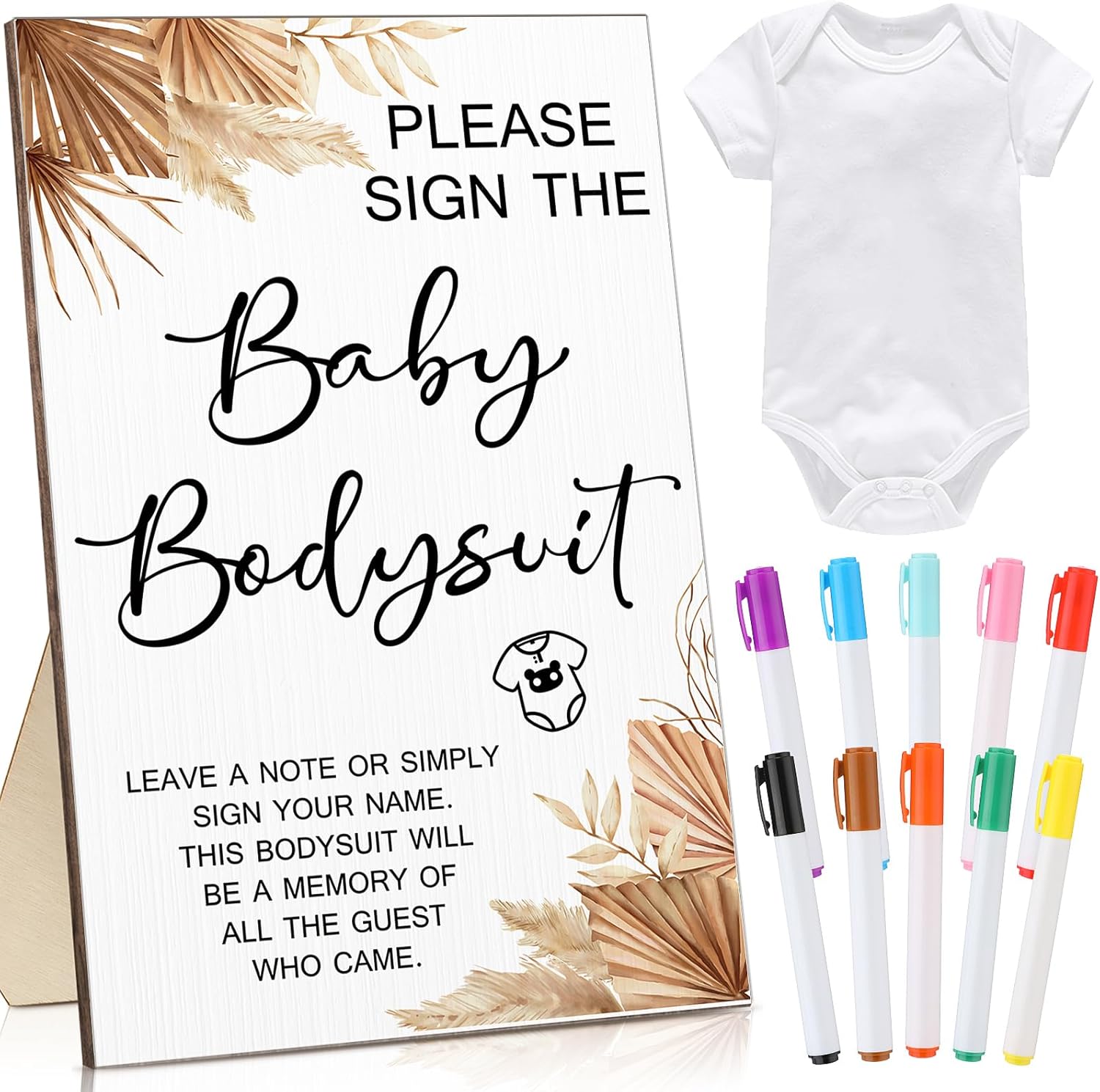 Qunclay 12 Pcs Baby Bodysuit Baby Shower Game Include 1 Game Wooden Sign Tabletop Decor 1 White