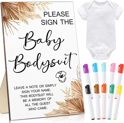 Qunclay 12 Pcs Baby Bodysuit Baby Shower Game Include 1 Game Wooden Sign Tabletop Decor 1 White