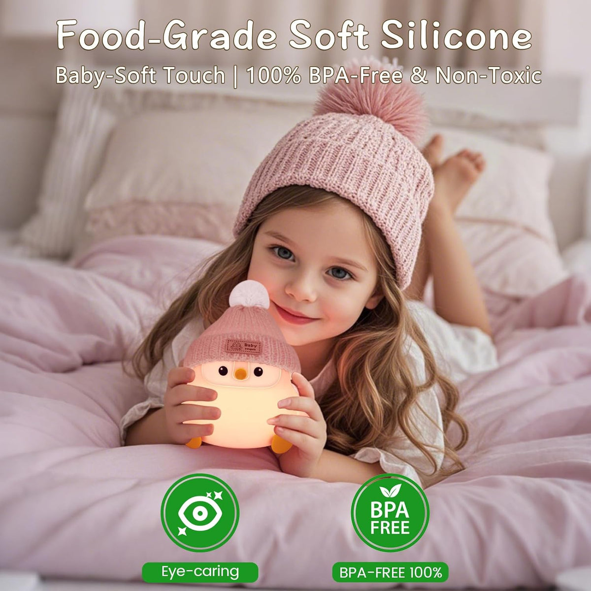 Penguin Silicone Night Light, Cute Pink Penguin Lamp with Knitted Hat, Soft Nursery Nightlight, USB