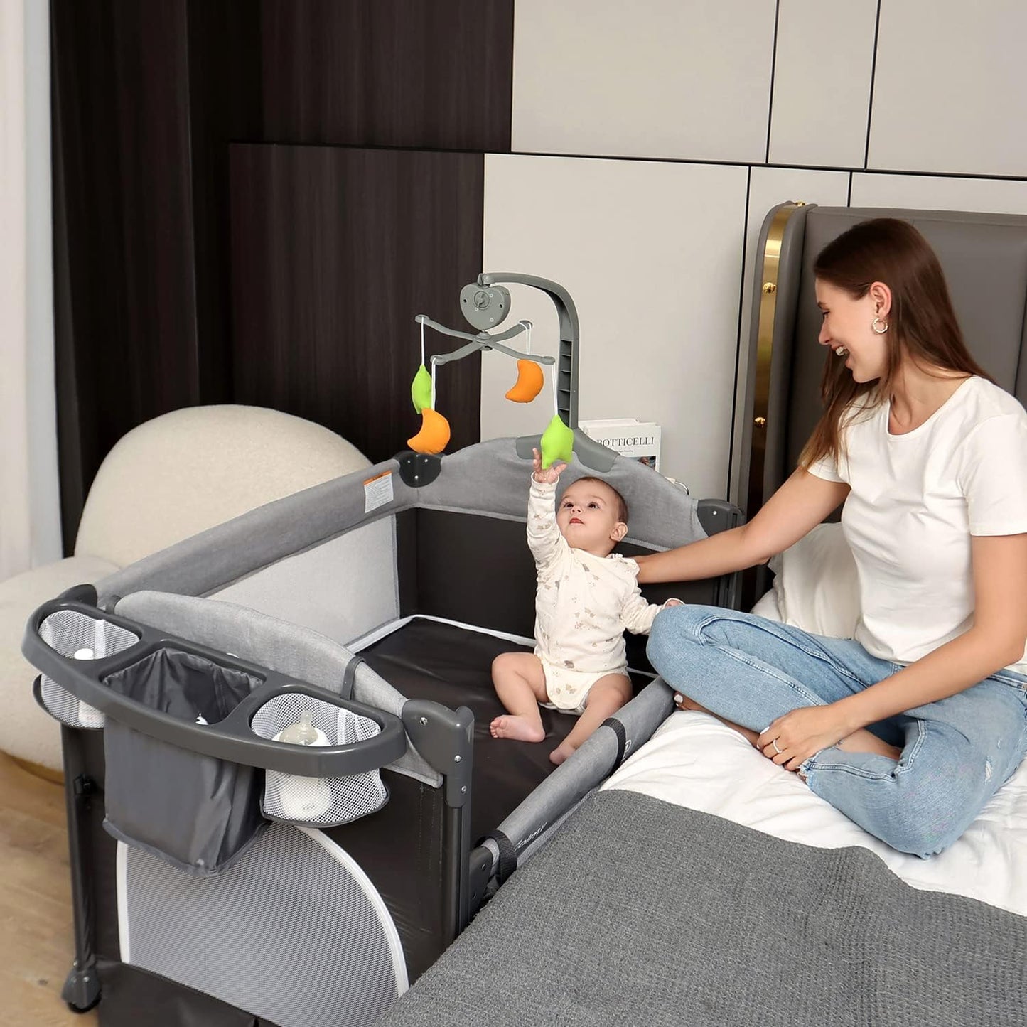 Zdolmy Baby Bedside Sleeper Bassinet, 4-in-1 Pack and Play with Bassinet w/Diaper Changing Table &