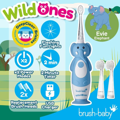 brush-baby WildOnes Kids Electric Rechargeable Toothbrush Elephant, 1 Handle, 3 Brush Heads, USB