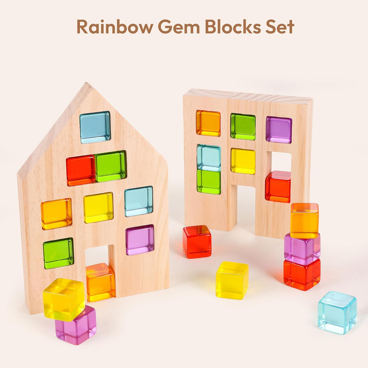 Wooden Building Blocks Set for Kids, 24 PCS Rainbow Gem Cubes Stacking Blocks - 2 Wood House