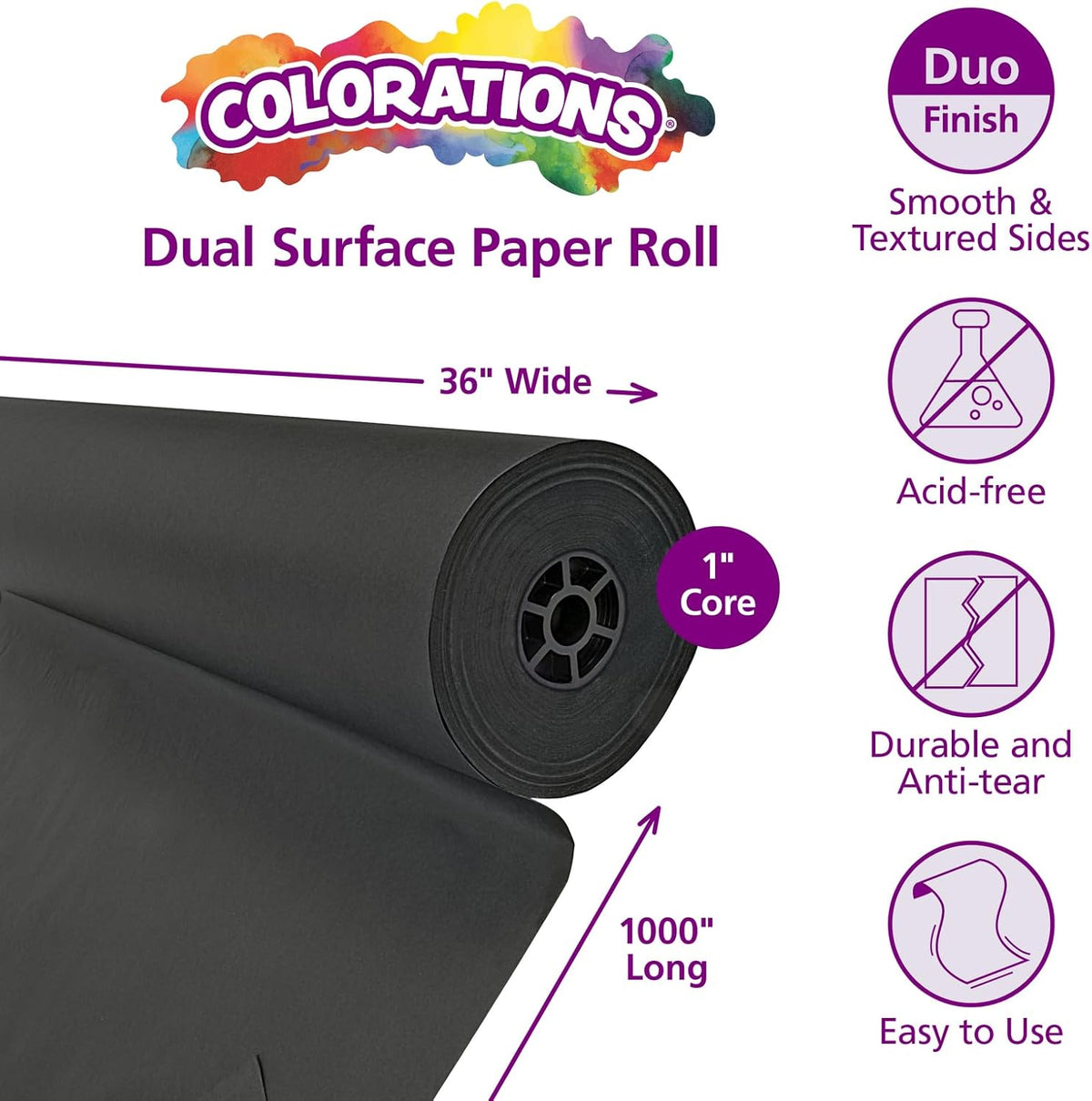 Colorations Dual Surface Paper Roll Classroom Supplies for Arts and Crafts Black (36" x 1000')