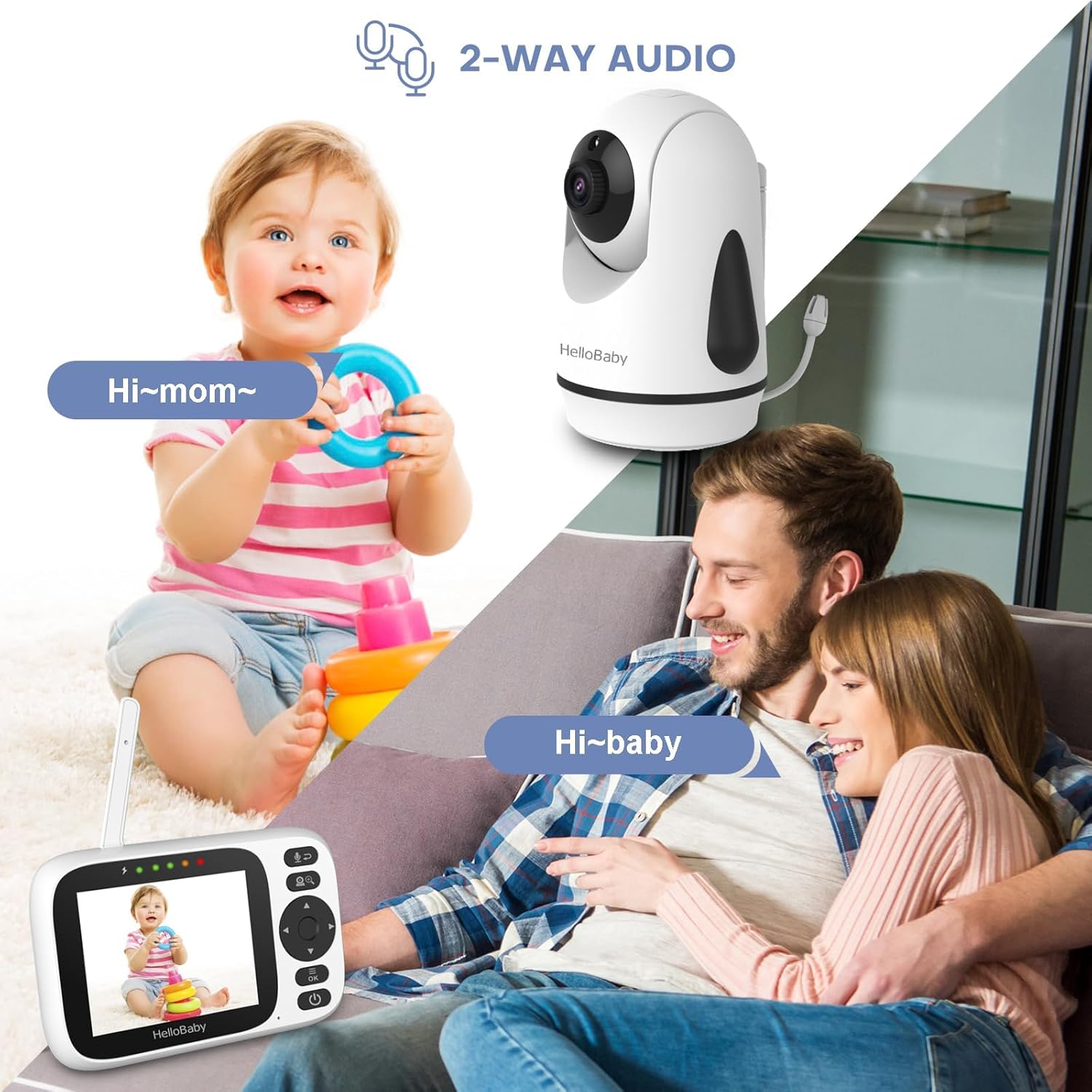 HelloBaby 3.2'' Baby Monitor2 Cameras, Video Audio Baby Monitor No WiFi, Remote Pan-Tilt-Zoom,AUTO